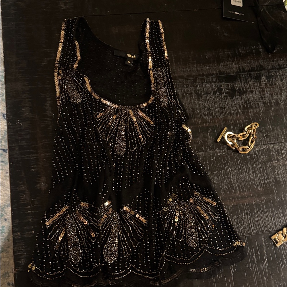 Black Gold Beaded Mesh Top with Gold Accents